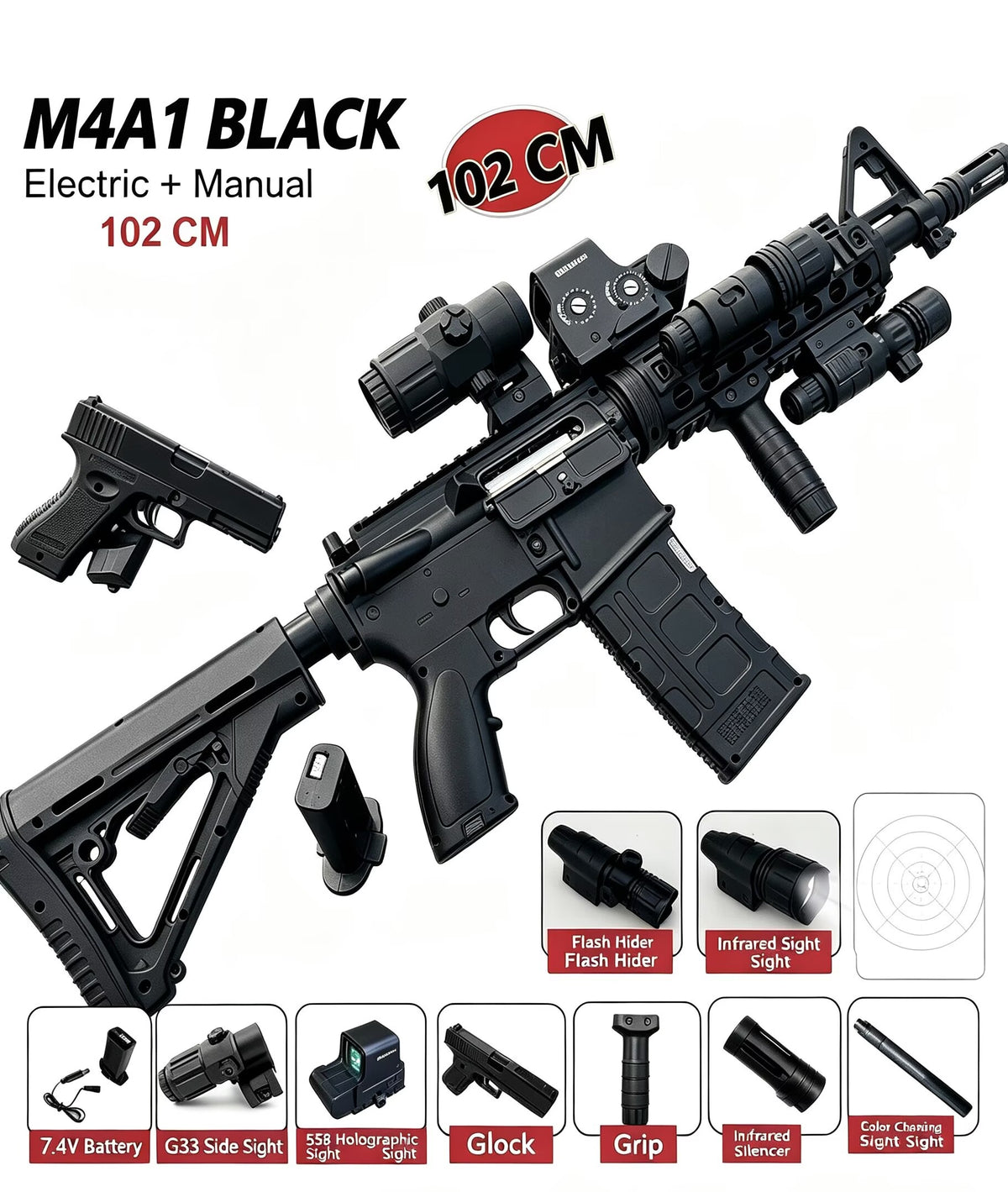 M4A1 Kids Toy Blaster, Electric & Manual Dual Mode Toy Gun for Outdoor Game