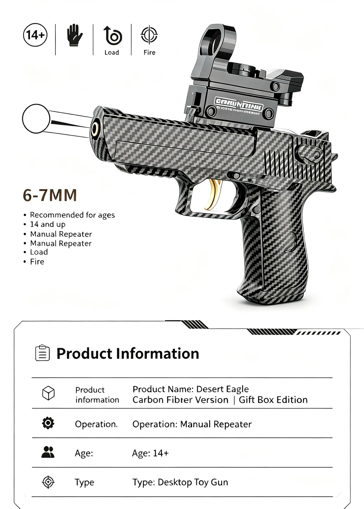 Kids Carbon Fiber Desert Eagle Gel Blaster Toy | Manual Continuous Shooting, 6-7mm Safe Gel Balls, Gift Box Pack