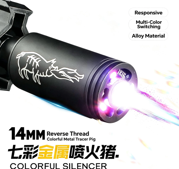 Metal Tracer Flash Silencer, 14MM Reverse Thread Aluminum Alloy Tracer Unit with Multi-Color Light Effect, Rechargeable Spitfire Pig Tracer for Gel Blaster Toy