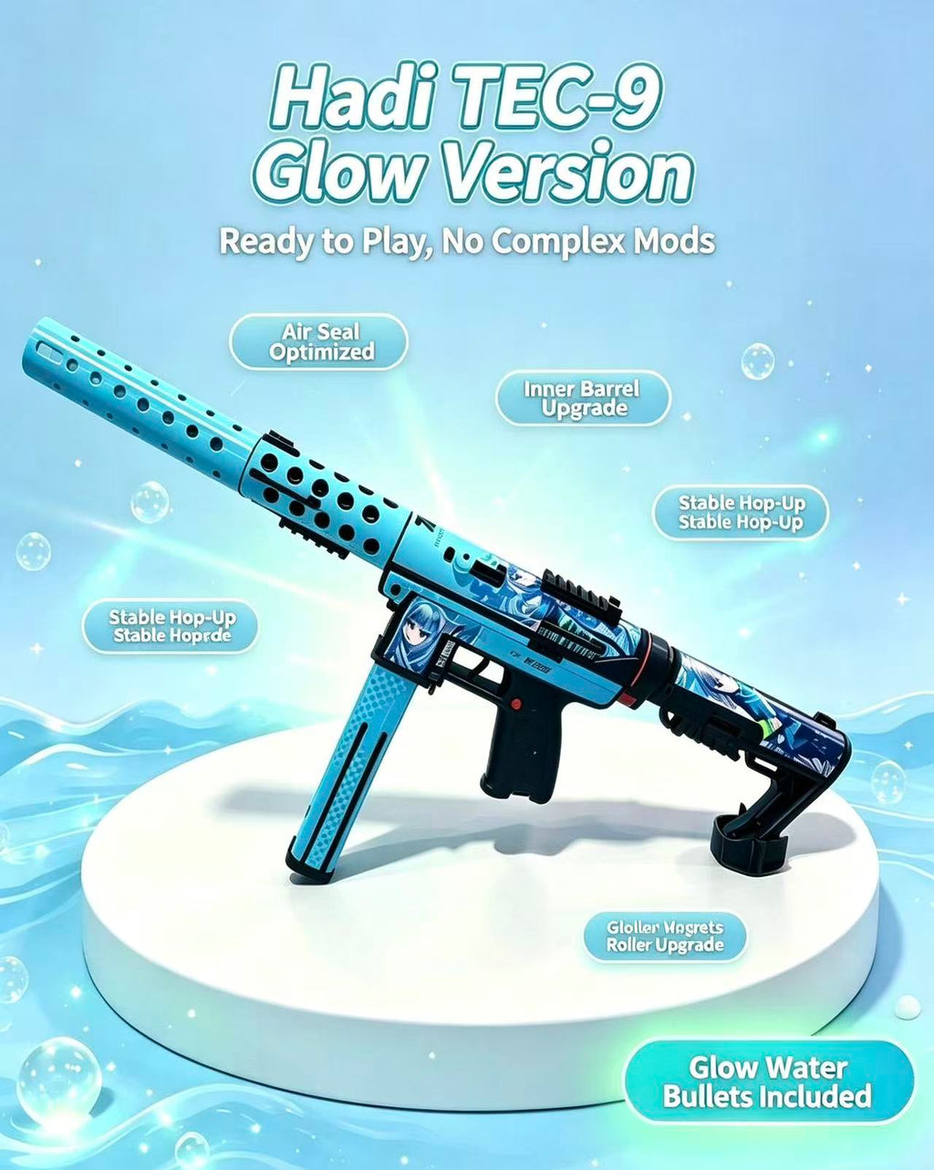 Glow‑in‑the‑Dark TEC‑9 Cartoon Printed Toy Blaster, Built‑in Lighting For Night Game