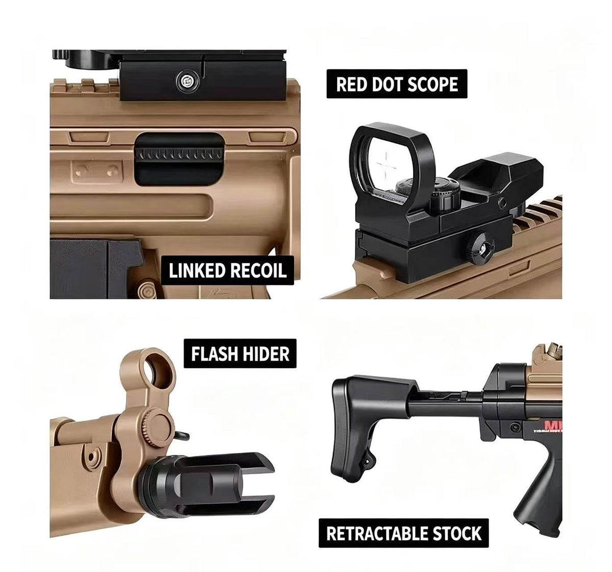 Tactical MP5 Toy Blaster, Linkage Recoil, Adjustable Stock
