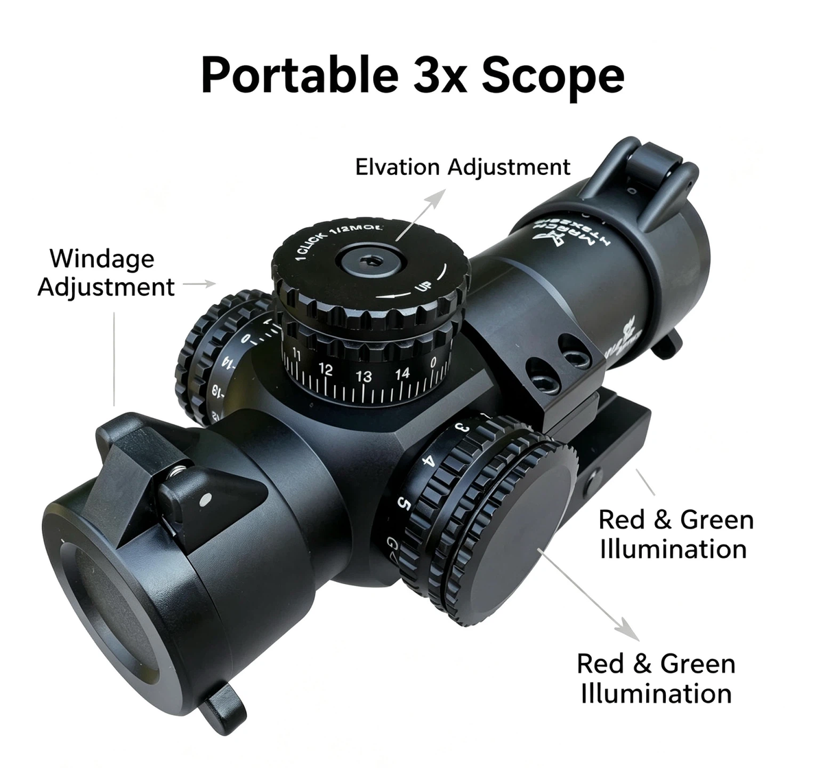 3x HD Compact Scope, Red & Green Illuminated Reticle, Windage & Elevation Adjustable, Flip Lens Caps, Toy Optic Accessory