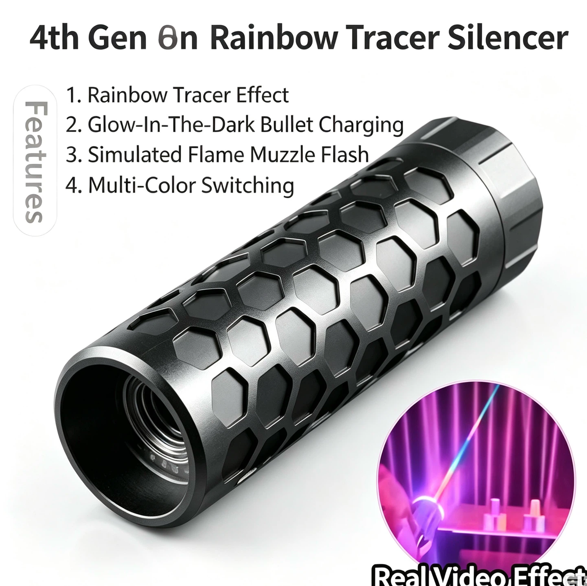 4th Gen Rainbow Tracer Silencer, 14mm Reverse Thread Toy Tracer Unit with Rainbow Tracer Effect & Simulated Muzzle Flash for Gel Blaster