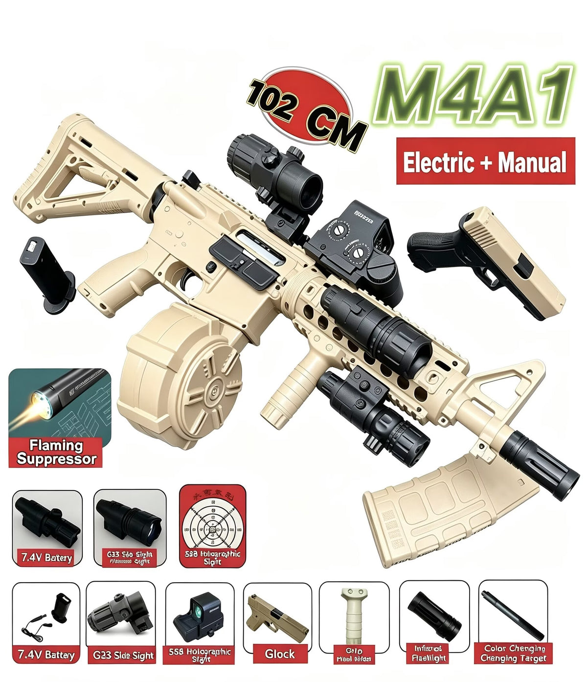 M4A1 Kids Toy Blaster, Electric & Manual Dual Mode Toy Gun for Outdoor Game