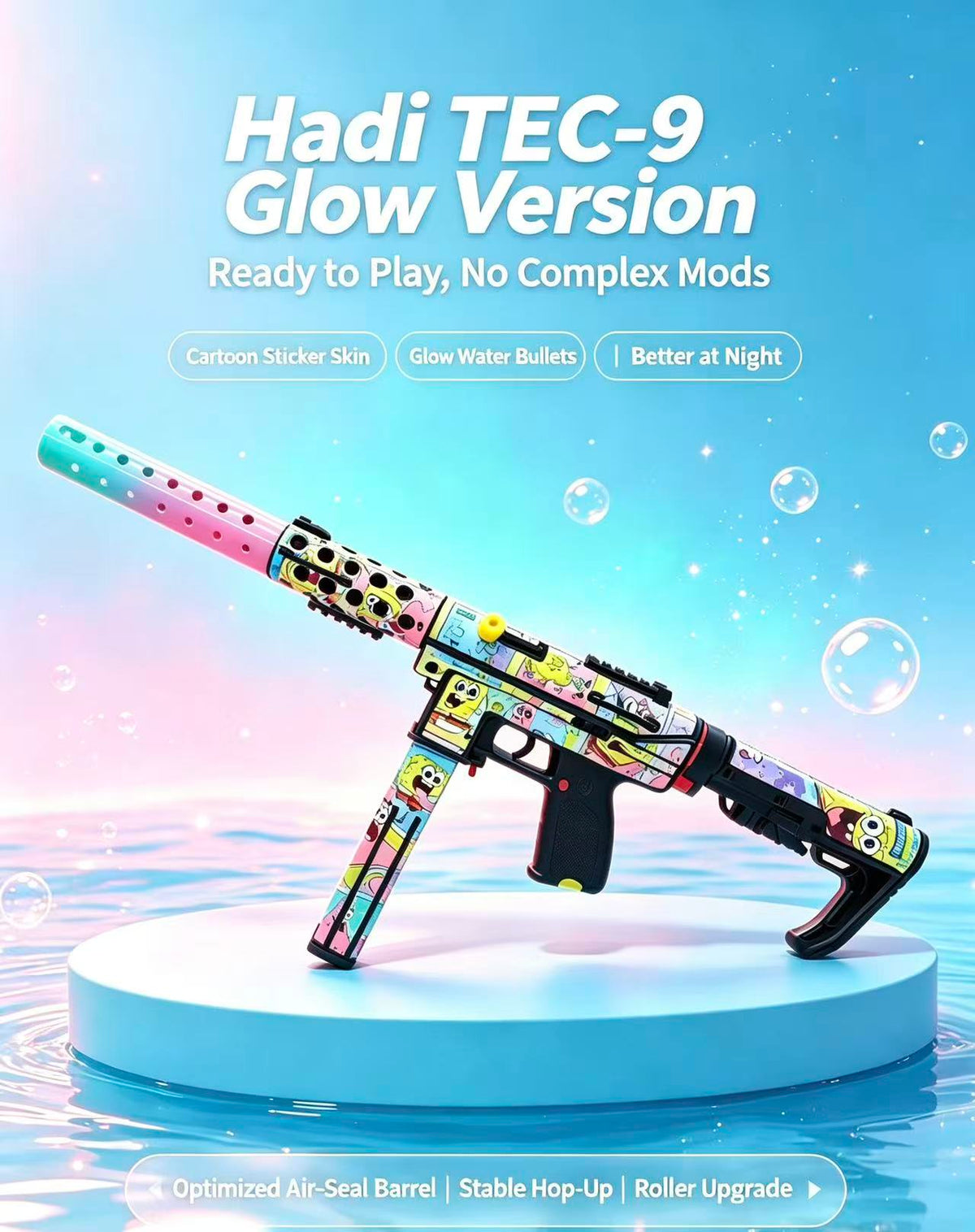 Glow‑in‑the‑Dark TEC‑9 Cartoon Printed Toy Blaster, Built‑in Lighting For Night Game
