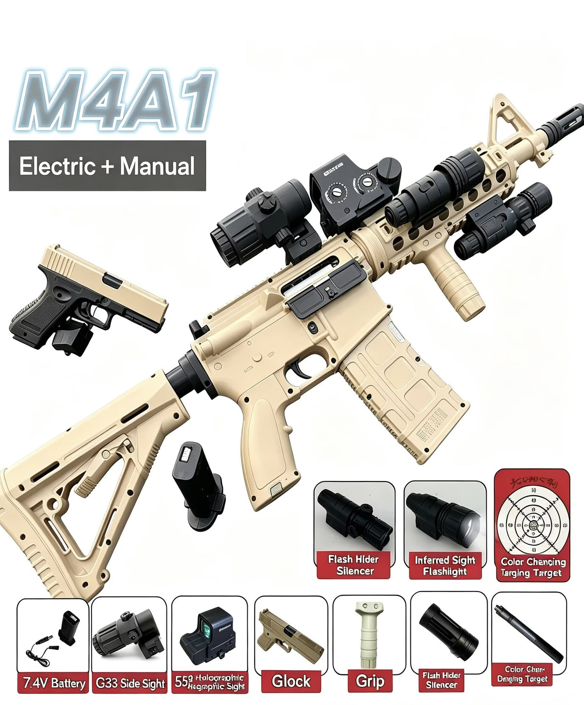 M4A1 Kids Toy Blaster, Electric & Manual Dual Mode Toy Gun for Outdoor Game