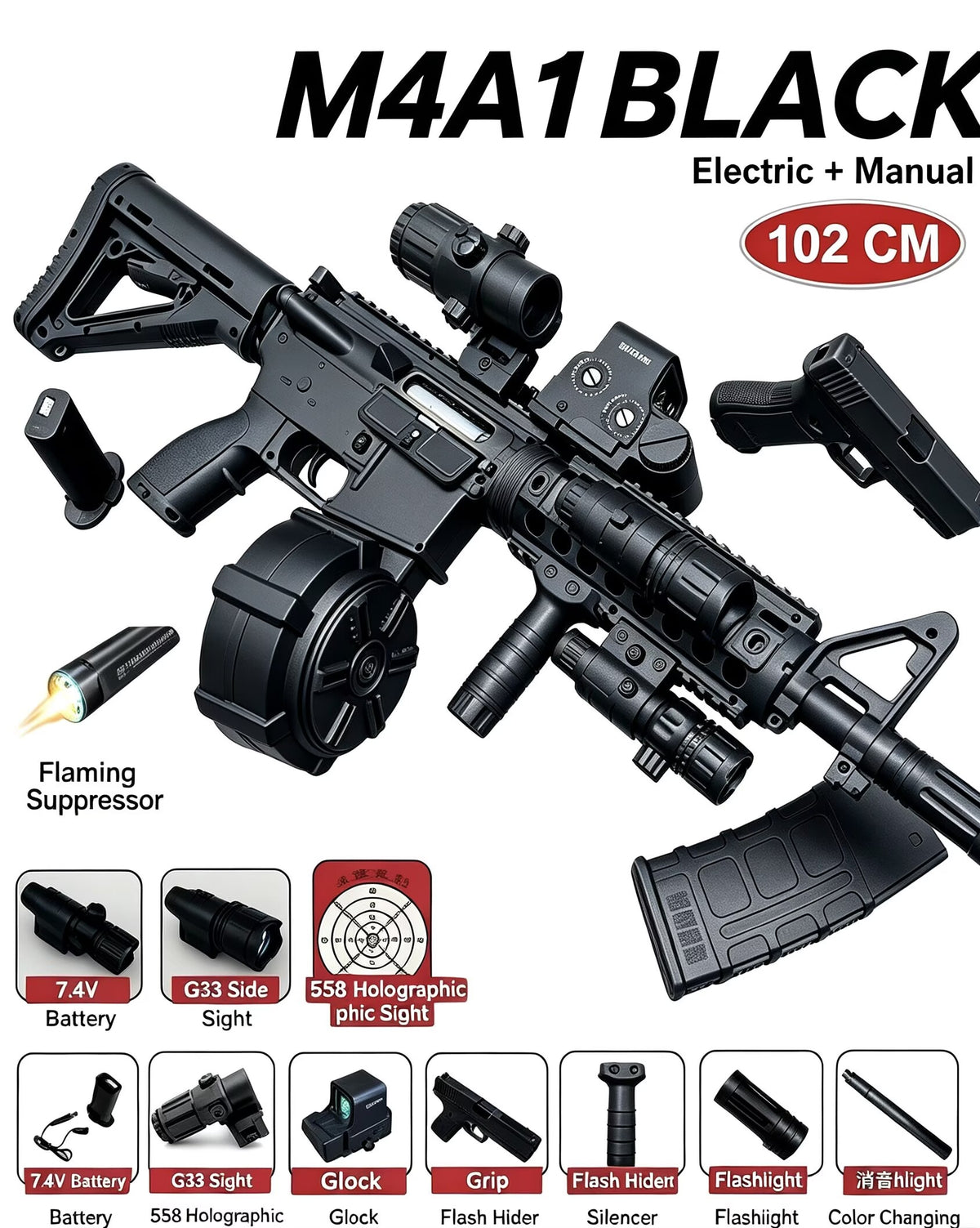 M4A1 Kids Toy Blaster, Electric & Manual Dual Mode Toy Gun for Outdoor Game